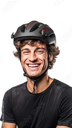 A happy young man wearing bicycle helmet isolated on a transparent background.