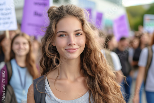 Young woman at a feminist march on Women's Day, street protest with purple banners for the fight for rights and equality