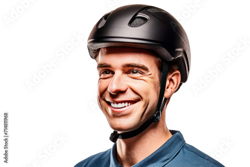 A happy young man wearing bicycle helmet isolated on a transparent background. © tong2530