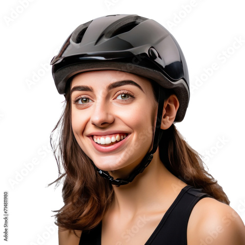 A happy young woman wearing bicycle helmet isolated on a transparent background. © tong2530