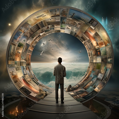 A lone figure stands before a surreal circular portal, showcasing a collage of scenes within. gateway to infinite possibilities. AI