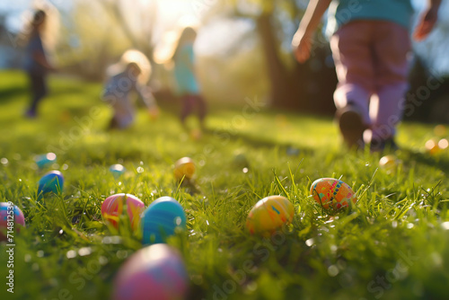 Easter egg hunt for kids, joyful springtime, children exploring nature for hidden treasures