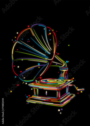 Stylized hand drawn gramophone vintage, vector illustration in colors over black background