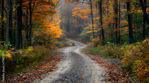 Navigate forest road through autumn 