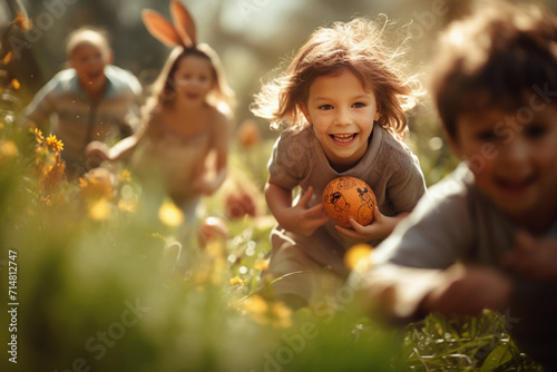 Easter egg hunt for children, playful girls and boys on the grass, hunting for eggs photo