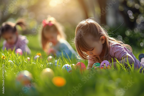 Kids Easter egg hunt, outdoor fun, little ones excitedly exploring the meadow