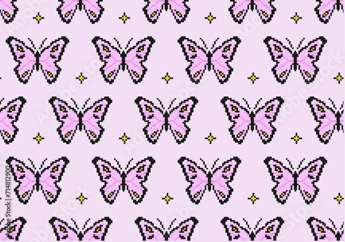 Wallpaper Mural Retro pattern with pixelated pink butterfly. 8-bit seamless with moth. Retro Video Game Aesthetic Torontodigital.ca