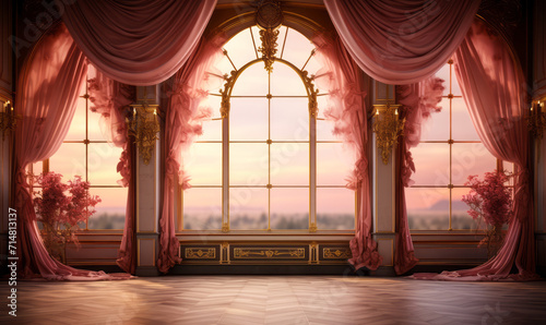 Elegant Vintage Ballroom Interior with Ornate Golden Trim and Flowing Pink Curtains at Sunset photo
