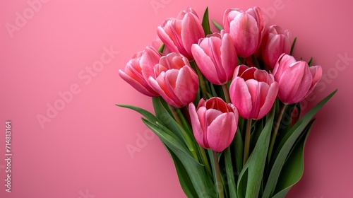 Pink Tulip Bouquet on Pink Background for Mother's Day, Valentine's Day, and Birthday Celebration AI Generated © Alex