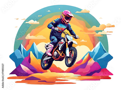 Illustration of Colorful Motocross Jumping in the Mountains
