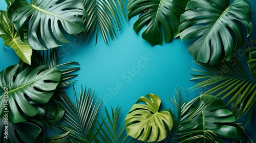 Collection of Tropical Leaves on Blue Background AI Generated