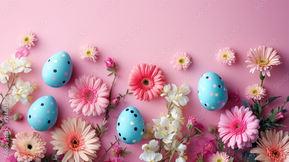 Minimalistic Easter Eggs and Flowers Background with Copyspace AI Generated