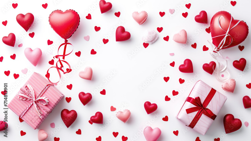 Valentine's day background with red and pink hearts like balloons, Valentine card and gift isolated on white background, top view