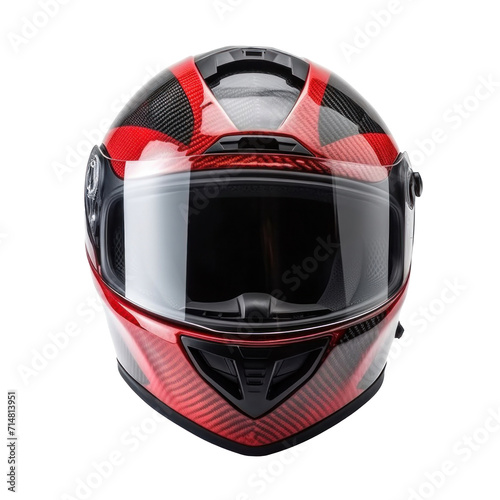 A red motorcycle carbon integral crash helmet isolated on a transparent background. © tong2530