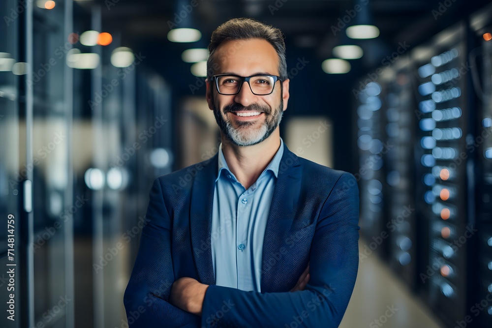 A tech industry professional dressed in a suit poses in a high-tech data center environment A tech industry professional dressed in a suit poses in a high-tech data center environment