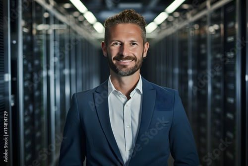A tech industry professional dressed in a suit poses in a high-tech data center environment