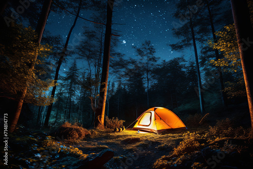 A tent inside a forest