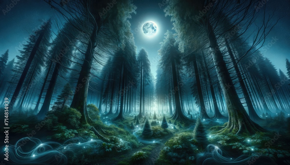 A moonlit path leads through an enchanted forest, with ethereal lights dancing among the trees under the glow of a full moon