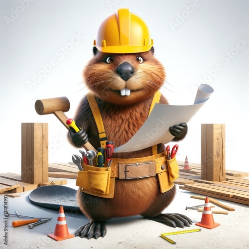 An animated beaver builder in a yellow hard hat holds a plan sheet and a mallet, with construction tools and orange cones around on a work site