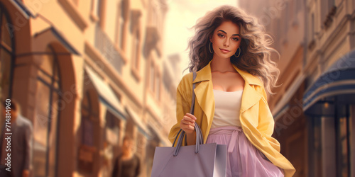Stylish young woman in light yellow outfit with shopping bag outdoors. spring shopping concept © zamuruev