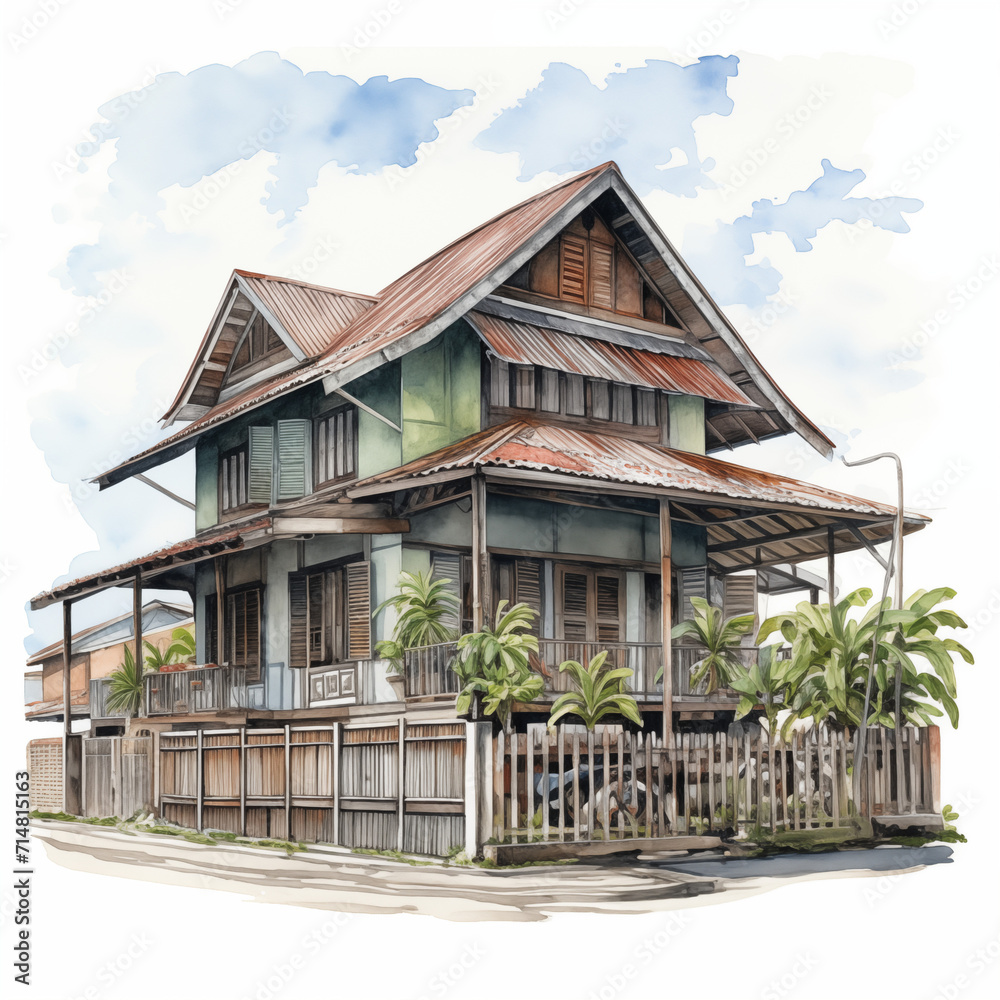 Rumah Kampung Malaysia, wooden house in watercolor Rumah Kampung Malaysia, wooden house in watercolor