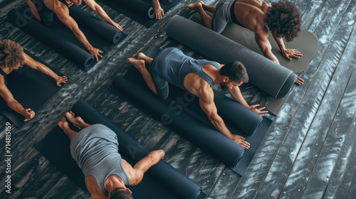 Yoga concept. Young men rolling mat after a yoga on black wooden floor
