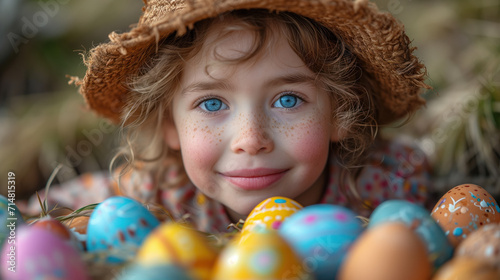 Portrait of a beautiful little blonde girl with colourful Easter Eggs