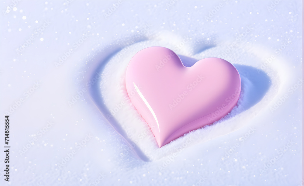 A soft pink heart on the snowfield, background, Valentine's Day, Christmas. Generative AI