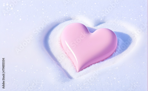 A soft pink heart on the snowfield  background  Valentine s Day  Christmas. Generative AI