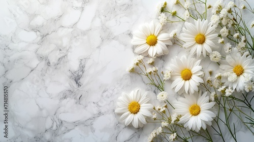 Fresh Daisies on Gray Veined Marble: A Wedding Bridal Menu Card with Minimalist Design AI Generated