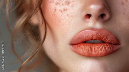 Beautiful lips Close-up. Makeup. Lip matte lipstick. Sexy lips. Part of face, young woman close up. perfect plump lips bodily lipstick. peach color of lipstick on large lips. photo