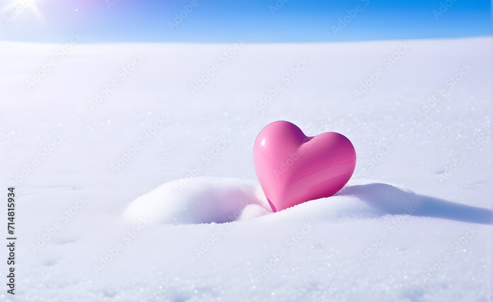 Fototapeta premium A soft pink heart on the snowfield, background, Valentine's Day, Christmas. Generative AI