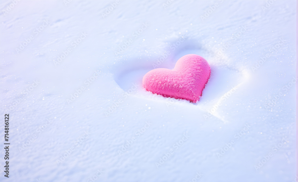 A soft pink heart on the snowfield, background, Valentine's Day, Christmas. Generative AI