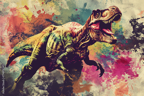 Cool looking tyrannosaurus rex in mixed grunge colors illustration. 