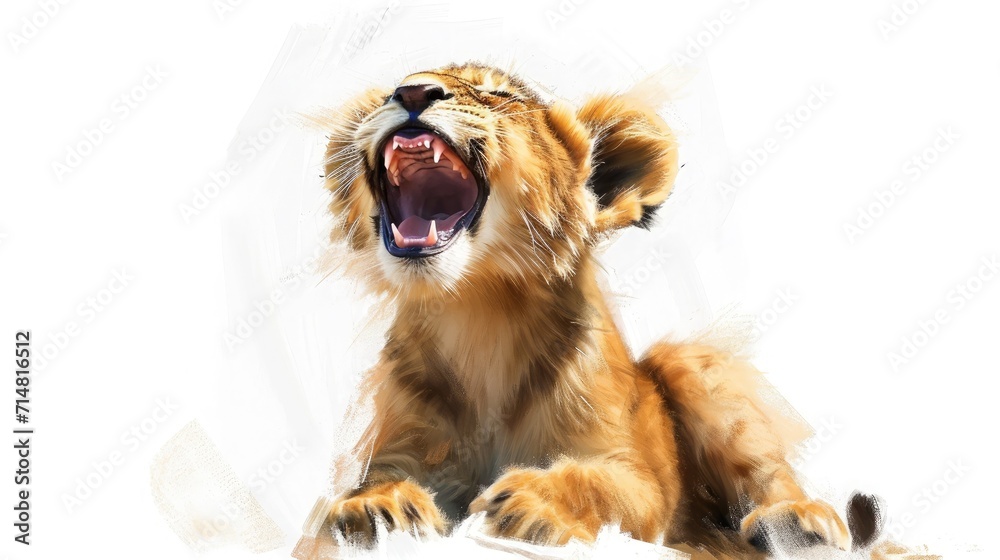 Happy little lion, white background,