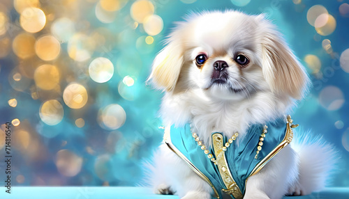 pekinese, chihuahua, close up, hund, cartoon, blau, kostüm, Jetset, bokeh, glow, blur, hintergrund, spaß, weiss, jung, süß photo