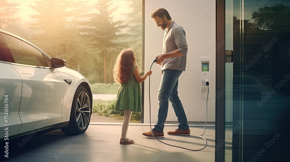 Progressive father and daughter plugs EV charger from home charging