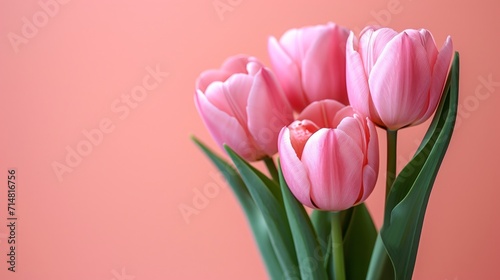 Pink Tulip Flowers on Pastel Peach Background for Wedding, Women's Day, or Mother's Day Greeting Card or Invitation AI Generated