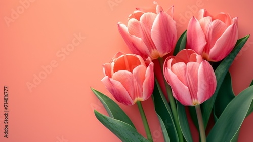 Pink Tulip Flowers on Pastel Peach Background for Wedding  Women s Day  or Mother s Day Greeting Card or Invitation AI Generated