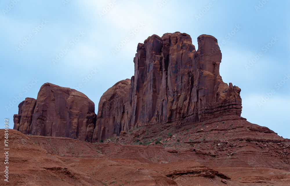 Desert landscape with red rocks and dry vegetation on red sands in Monument Valley, Navajo Nation,  Arizona - Utah