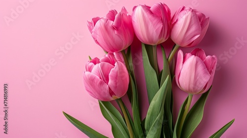 Pink Tulips on Pastel Pink Background: Spring Banner for International Women's Day and Birthday AI Generated © Alex