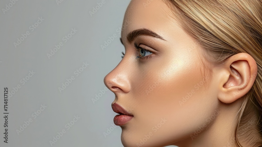 Naklejka premium Young woman profile portrait, over grey background. Beauty female, model girl face close-up. Aesthetic medicine. Blonde model with perfect skin