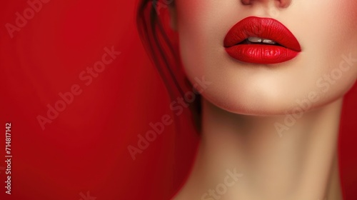 Young woman with sexy lips on color background, closeup