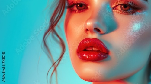 Young woman with sexy lips on color background, closeup