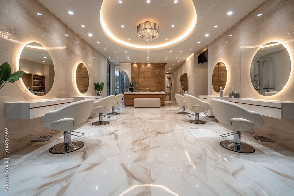 Luxury beauty salon interior with large mirrors, armchairs in row on beige marble floor - obrazy, fototapety, plakaty 
