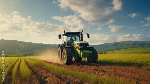 Tractor on field during agricultural harvest of grain with agricultural machinery, Farmer | Generative AI
