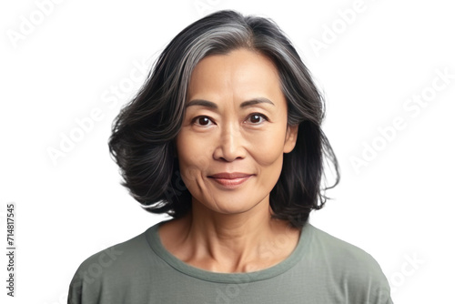 Asian beautiful gorgeous 50s mid aged mature woman looking at camera isolated on a transparent background. Healthy face skin care beauty.