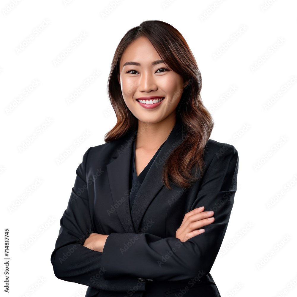 Asian business woman smiling in suit, crossed arms isolated on a transparent background. Asian business woman smiling in suit, crossed arms isolated on a transparent background.