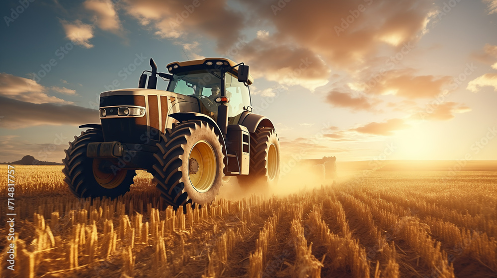 Naklejka premium Tractor on field during agricultural harvest of grain with agricultural machinery, Farmer | Generative AI
