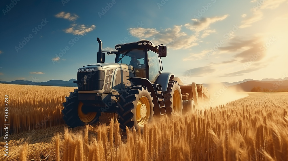 Obraz premium Tractor on field during agricultural harvest of grain with agricultural machinery, Farmer | Generative AI